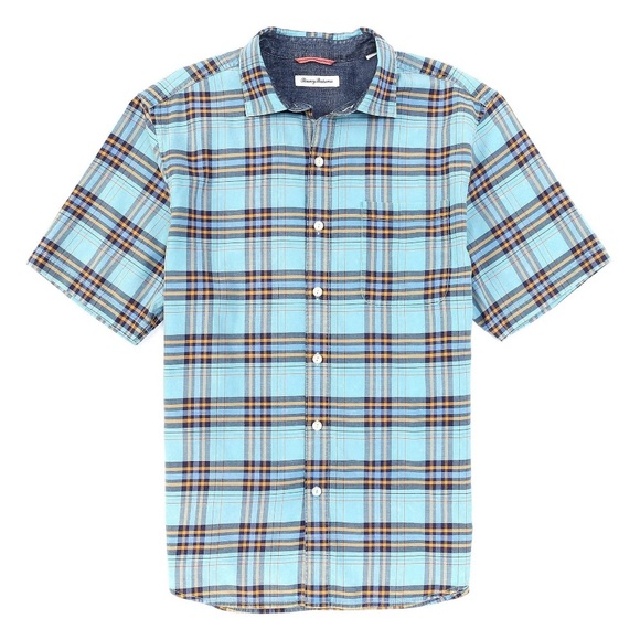 Tommy Bahama short sleeve button down plaid Bondi Beach Camp Shirt Blue - Picture 1 of 6